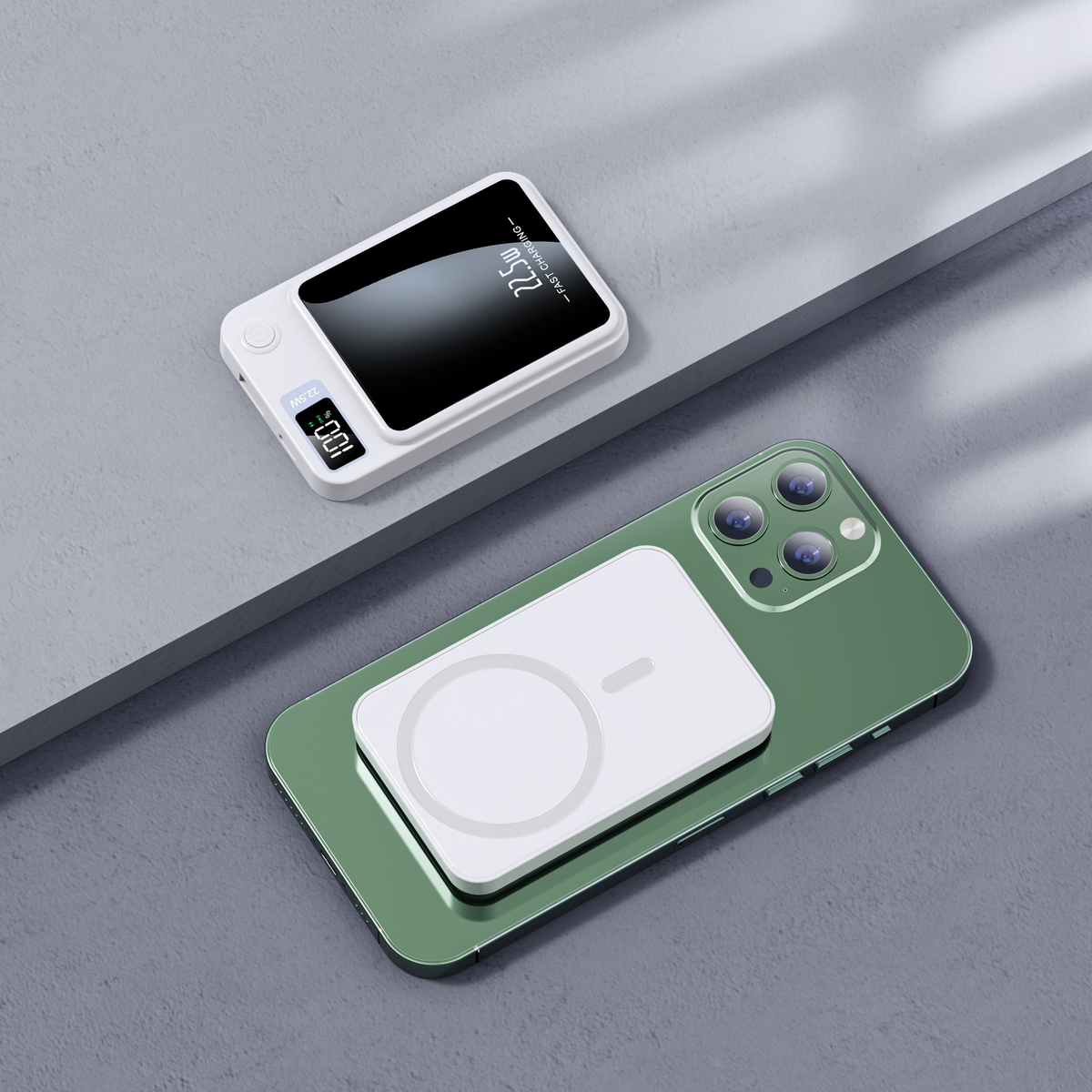 Magnetic wireless power bank showing its compact body and charging port