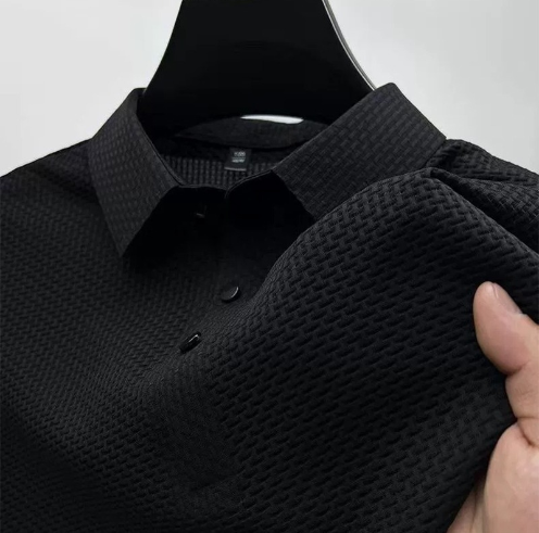 Premium men's black polo shirt with breathable mesh fabric