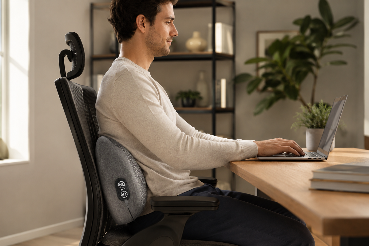 Rechargeable gray lumbar support pillow used in bed while reading