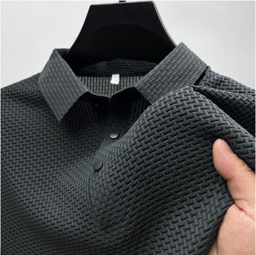 Premium men's black polo shirt with breathable mesh fabric