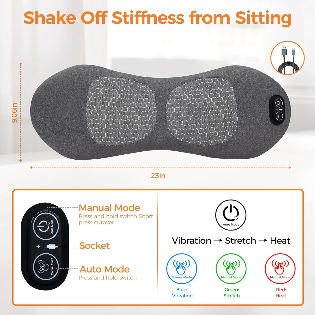 Rechargeable gray lumbar support pillow used on a living room sofa