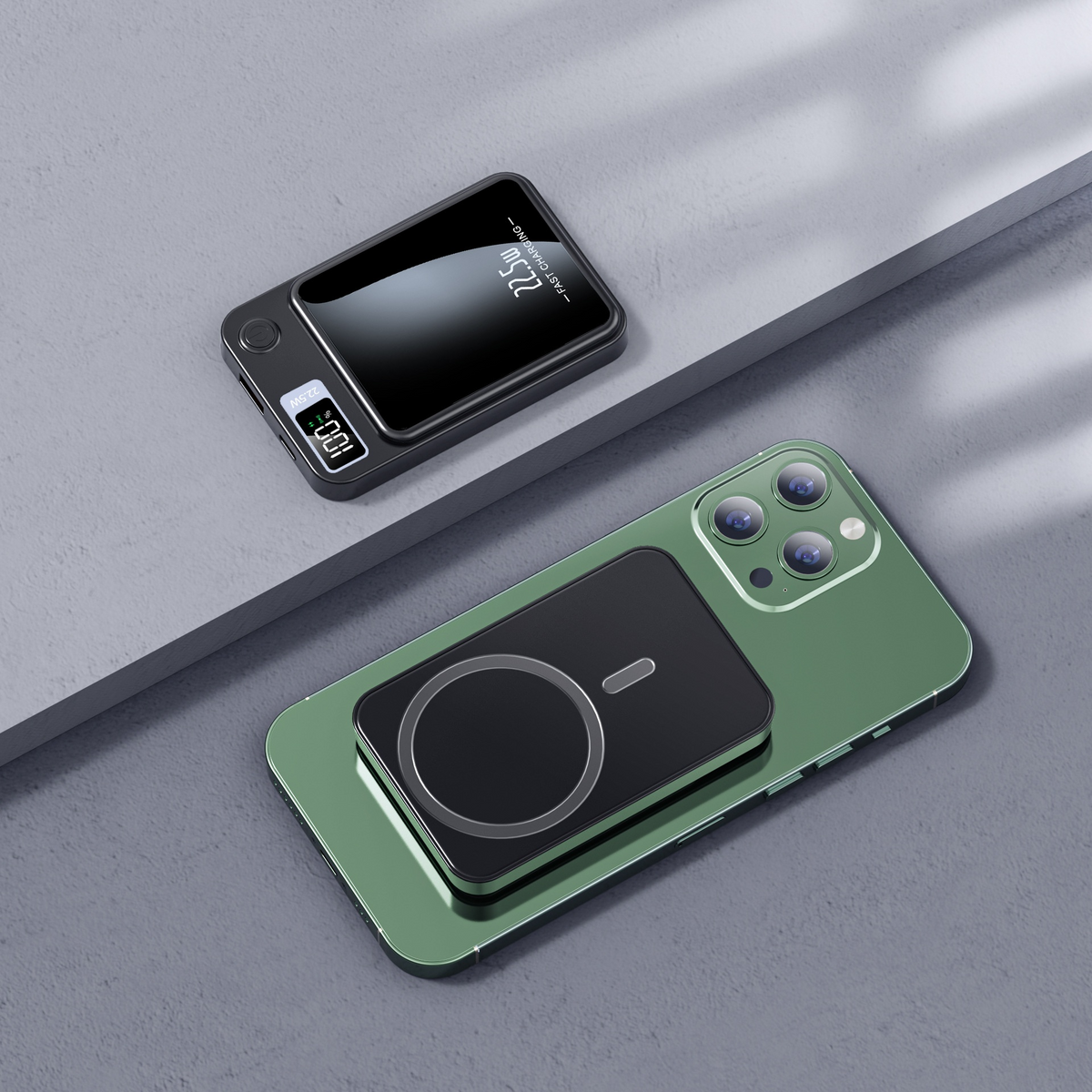 Magnetic wireless portable power bank with slim modern design