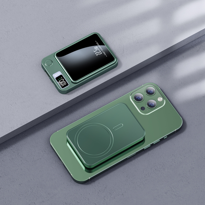 Magnetic wireless power bank showing its compact body and charging port