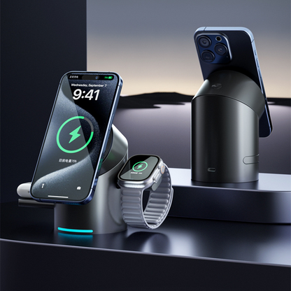 Premium magnetic 3-in-1 wireless charging station charging an iPhone, Apple Watch and wireless earbuds on a modern desktop.