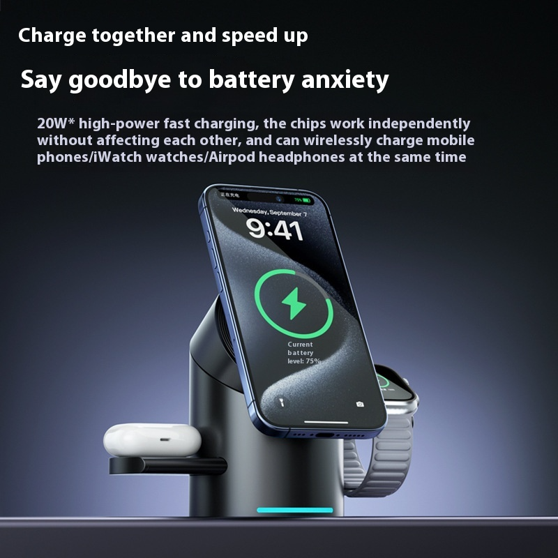 Premium magnetic 3-in-1 wireless charging station charging an iPhone, Apple Watch and wireless earbuds on a modern desktop.