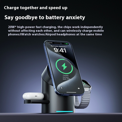 Premium magnetic 3-in-1 wireless charging station charging an iPhone, Apple Watch and wireless earbuds on a modern desktop.