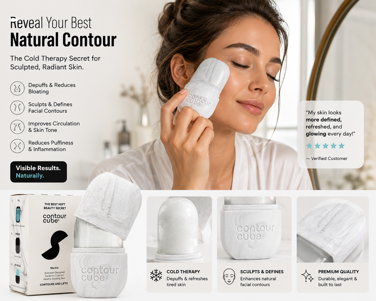 Woman using Contour Cube Original Ice Roller for facial sculpting and de-puffing skincare routine