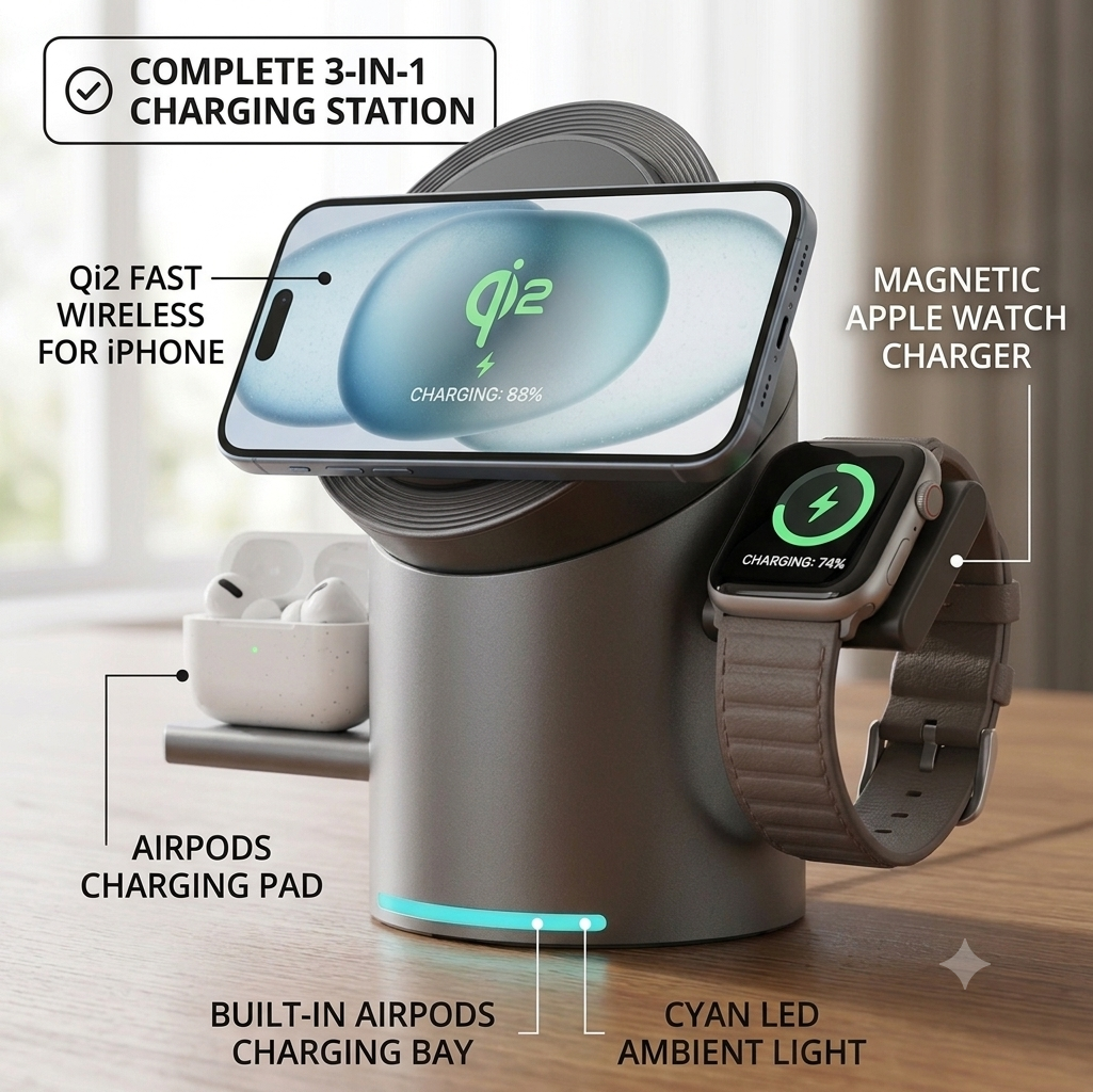 Premium magnetic 3-in-1 wireless charging station charging an iPhone, Apple Watch and wireless earbuds on a modern desktop.
