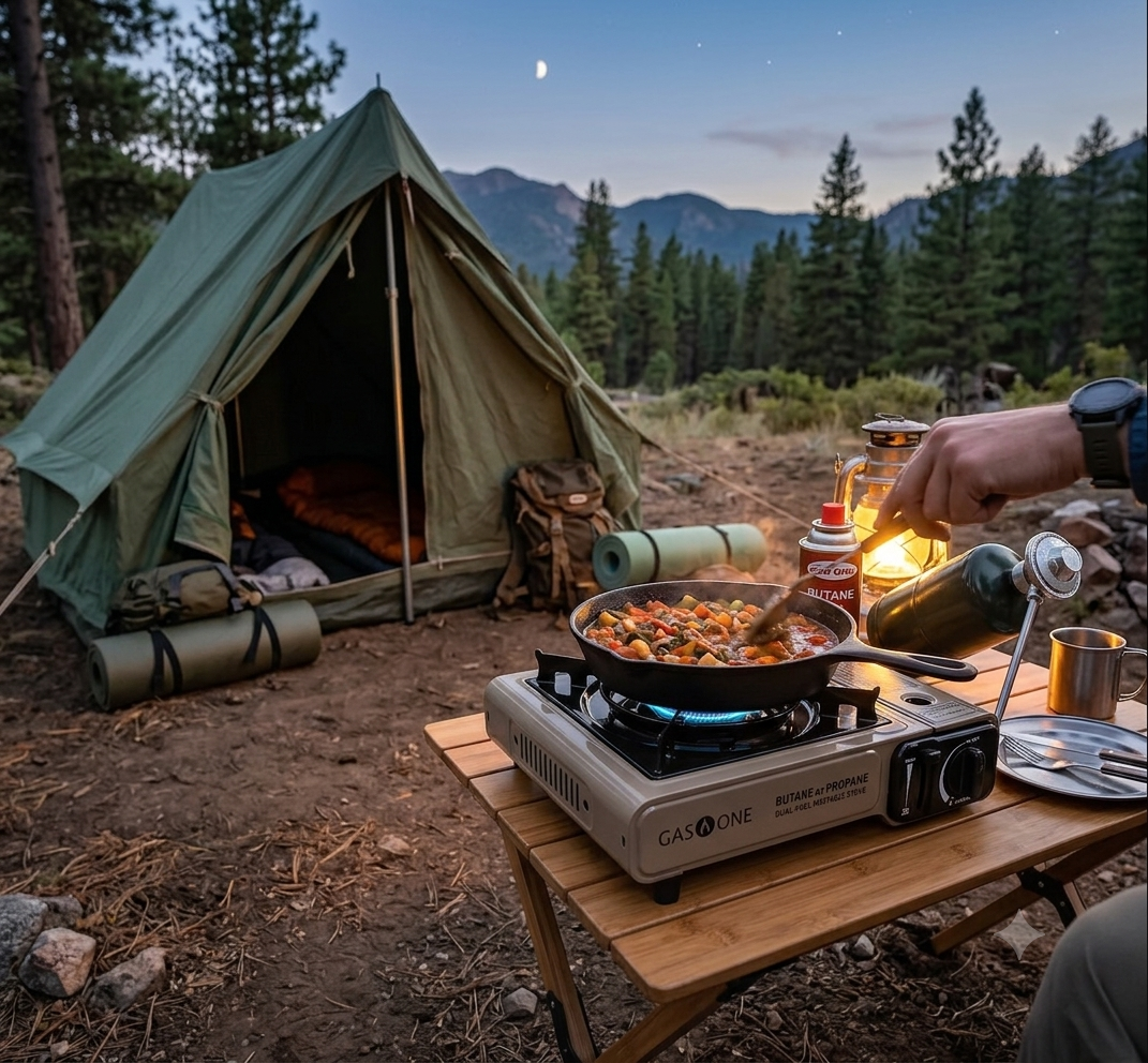 Dual fuel portable camping stove with automatic ignition