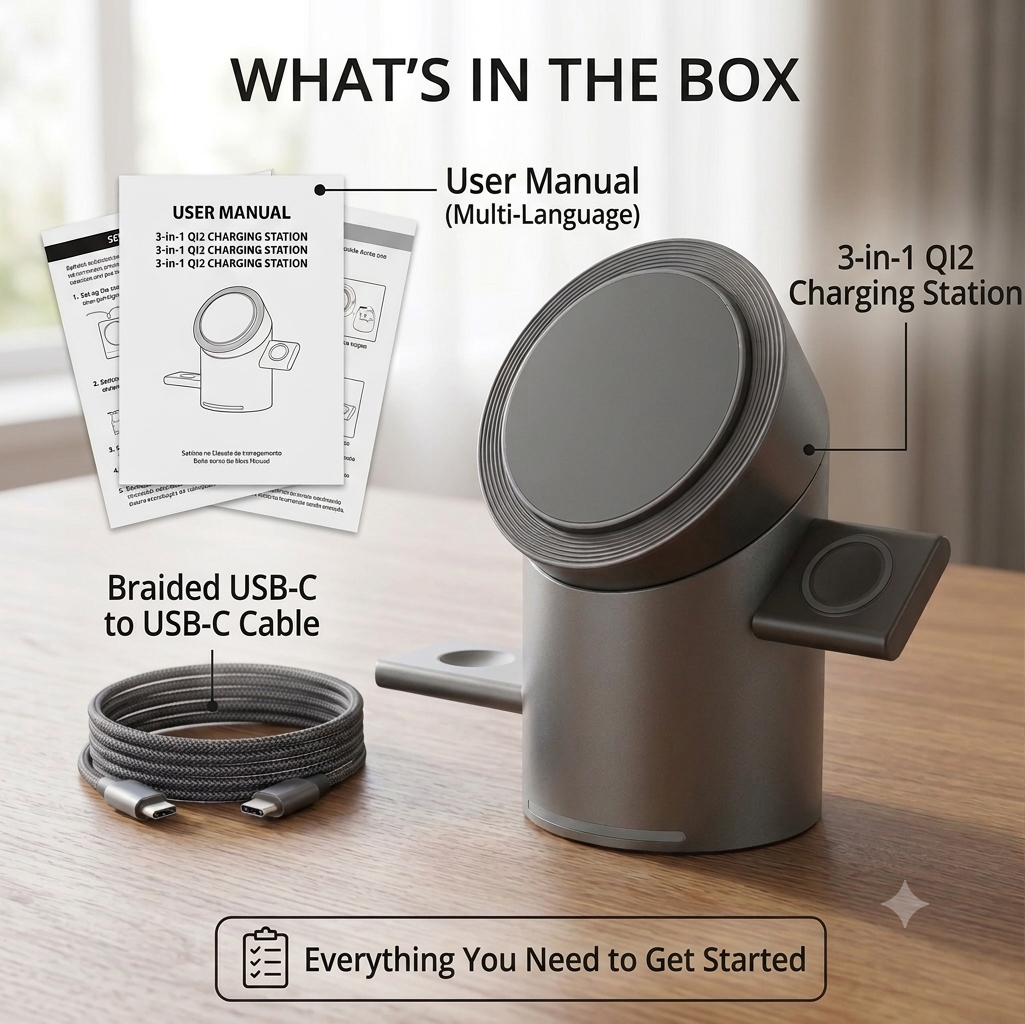 Premium magnetic 3-in-1 wireless charging station charging an iPhone, Apple Watch and wireless earbuds on a modern desktop.