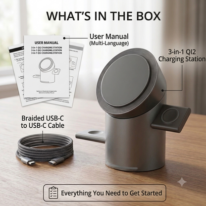 Premium magnetic 3-in-1 wireless charging station charging an iPhone, Apple Watch and wireless earbuds on a modern desktop.