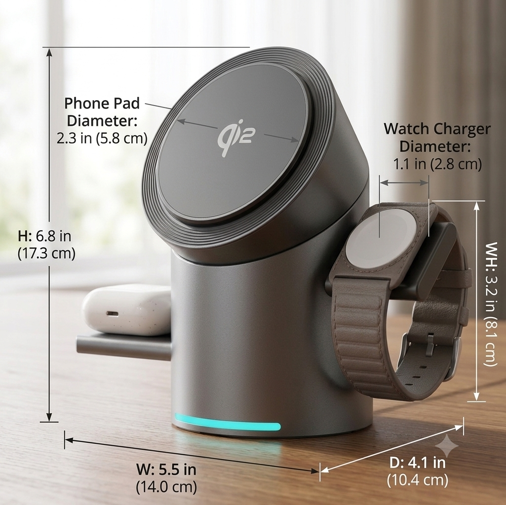 Premium magnetic 3-in-1 wireless charging station charging an iPhone, Apple Watch and wireless earbuds on a modern desktop.