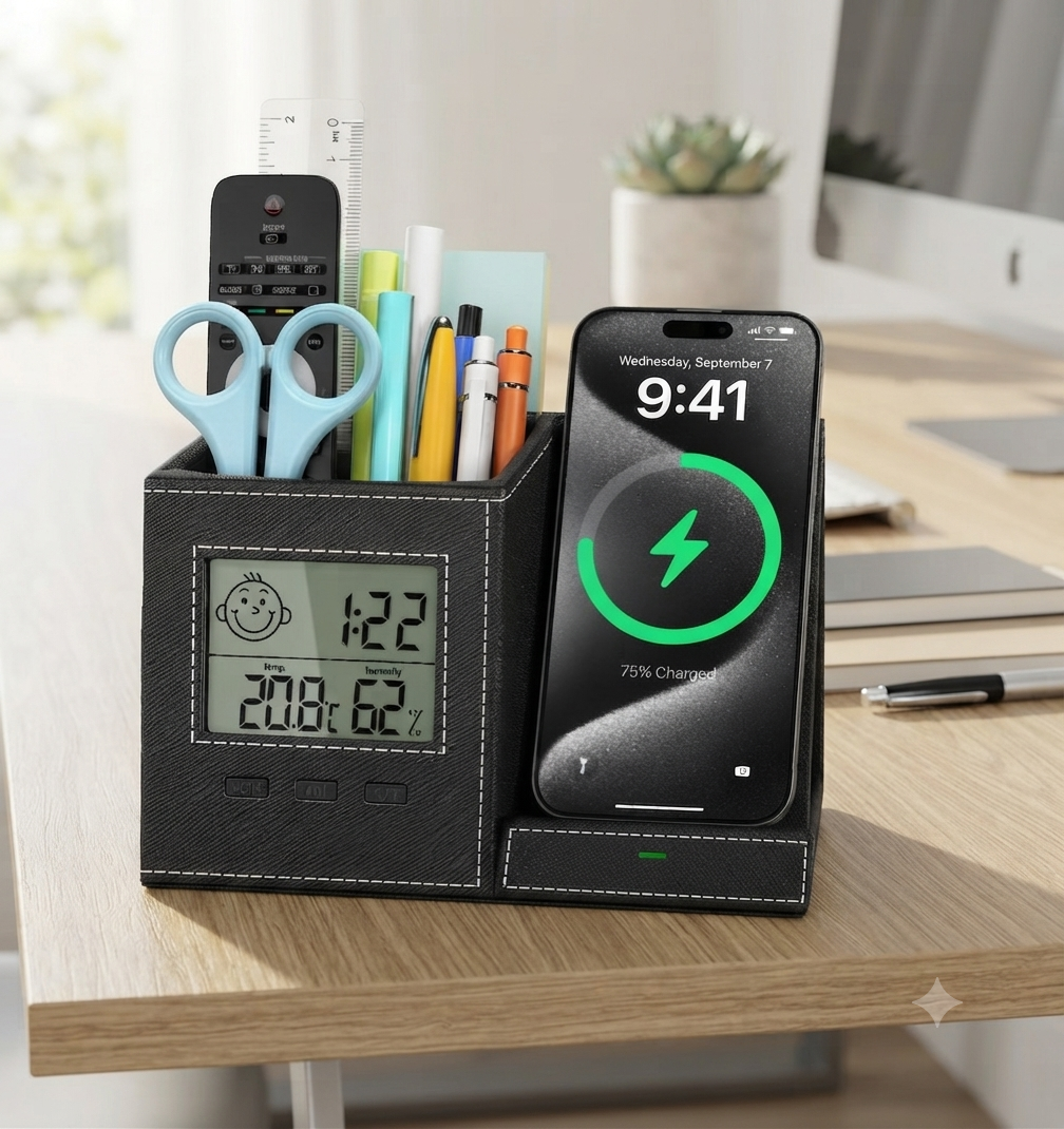 Modern desk pen holder organizer with wireless charger, digital clock, and indoor temperature display on an office desk