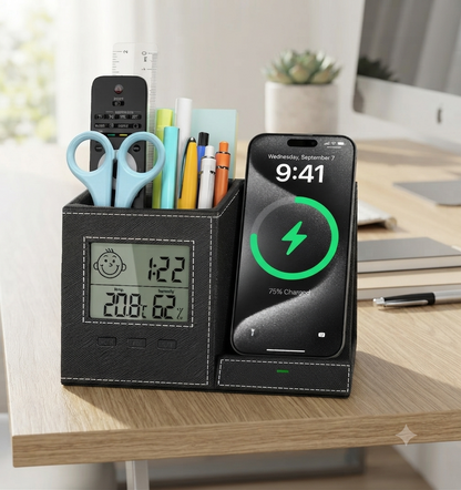 Modern desk pen holder organizer with wireless charger, digital clock, and indoor temperature display on an office desk