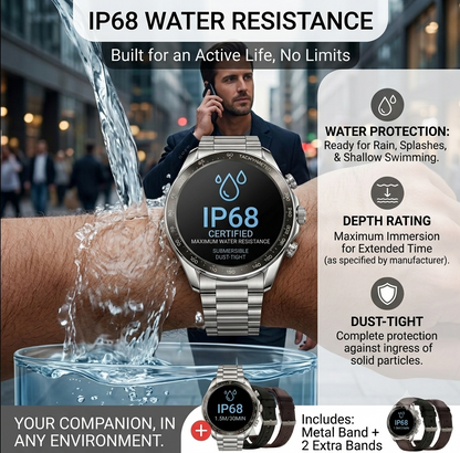 Premium Bluetooth smart watch with calling function and elegant metal design.