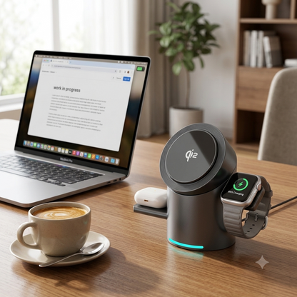 Premium magnetic 3-in-1 wireless charging station charging an iPhone, Apple Watch and wireless earbuds on a modern desktop.