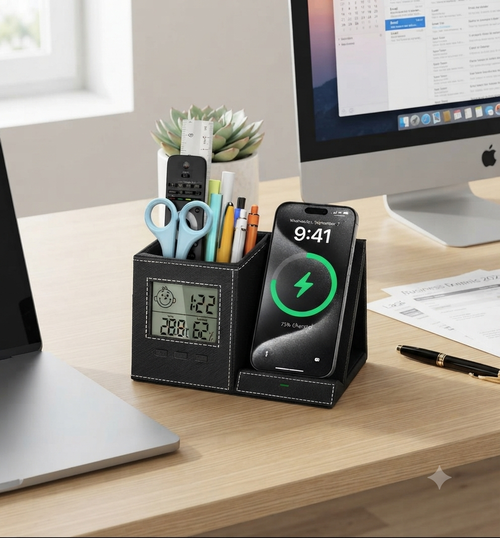 Modern desk pen holder organizer with wireless charger, digital clock, and indoor temperature display on an office desk