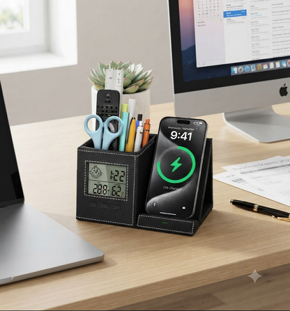 Modern desk pen holder organizer with wireless charger, digital clock, and indoor temperature display on an office desk