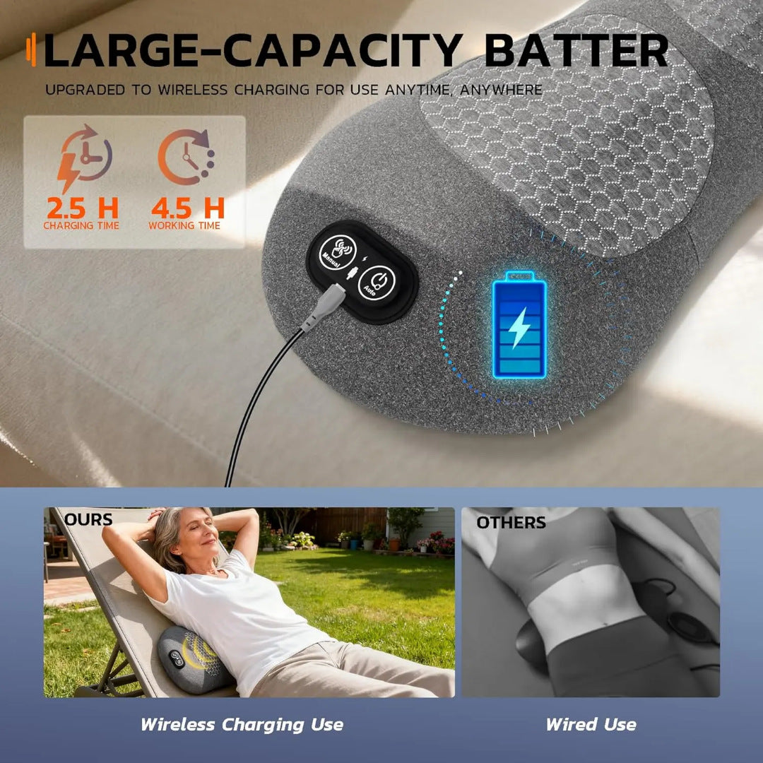 Rechargeable gray lumbar support pillow used in a modern home office chair