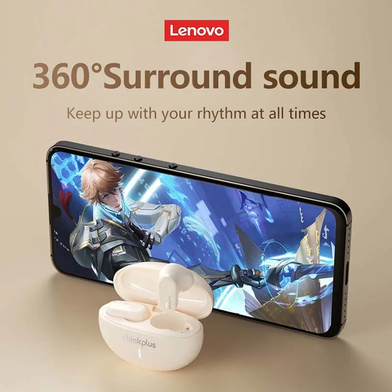 Lenovo LP19 Bluetooth 5.3 wireless earbuds with active noise cancelling, high sound quality, 360° surround sound, open-cover direct connection, Dual Host / Single Host and charging case.