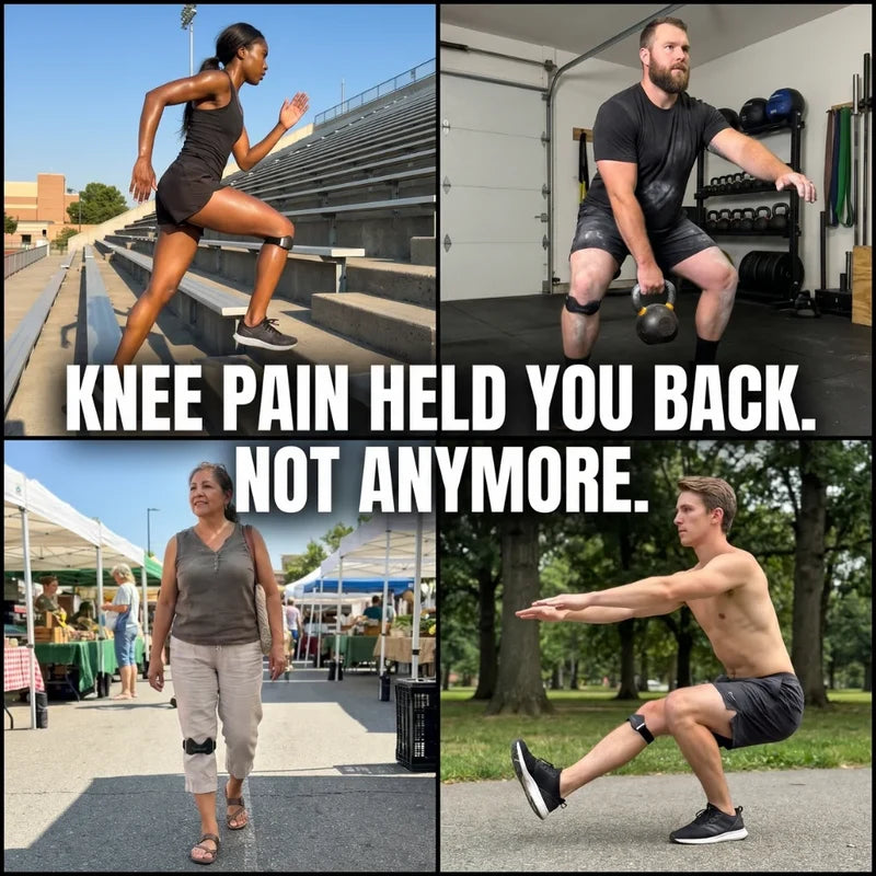 Black patellar knee strap worn during outdoor running