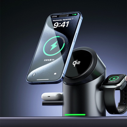 Premium magnetic 3-in-1 wireless charging station charging an iPhone, Apple Watch and wireless earbuds on a modern desktop.
