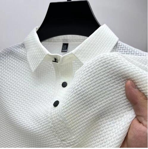 Man wearing a breathable white men's polo shirt
