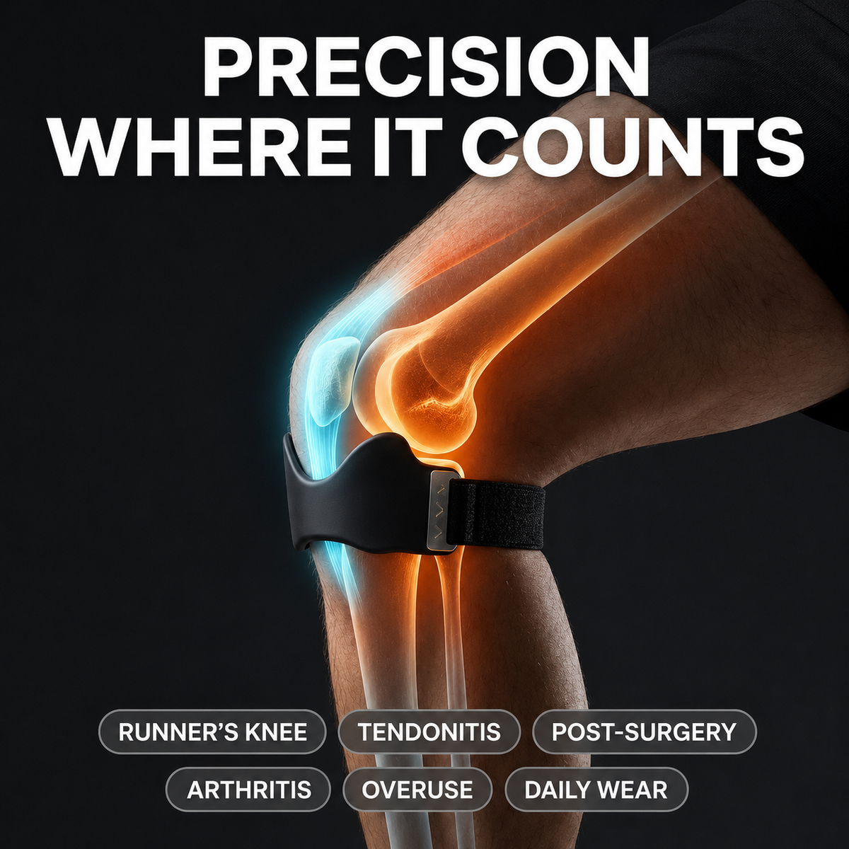 Precision patellar strap knee support worn on bent knee