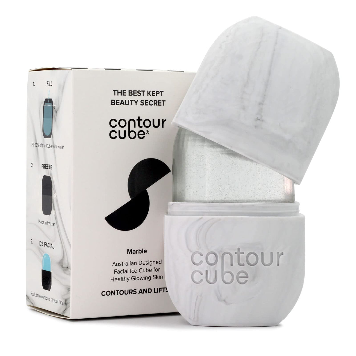 Woman using Contour Cube Original Ice Roller for facial sculpting and de-puffing skincare routine