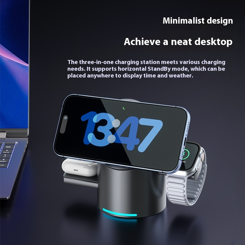 Premium magnetic 3-in-1 wireless charging station charging an iPhone, Apple Watch and wireless earbuds on a modern desktop.