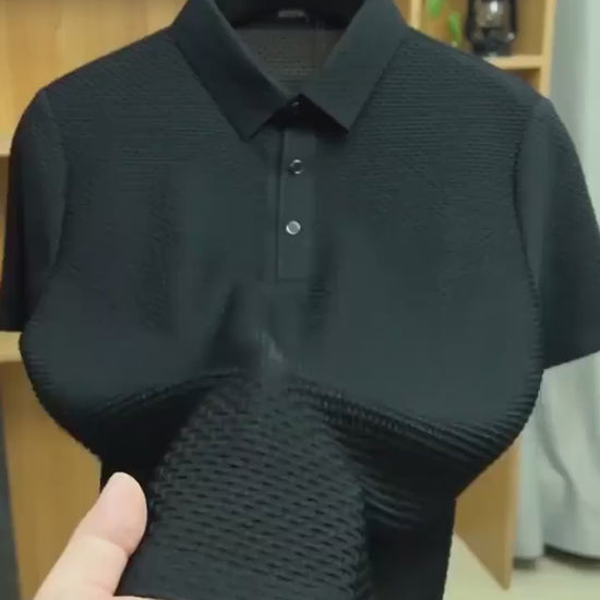 Premium men's black polo shirt with breathable mesh fabric