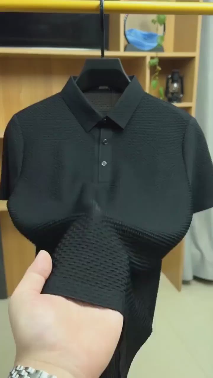 Premium men's black polo shirt with breathable mesh fabric