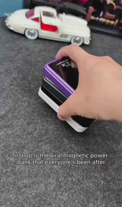 Magnetic wireless power bank showing its compact body and charging port