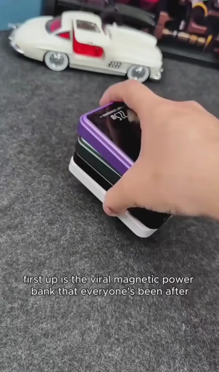 Magnetic wireless power bank showing its compact body and charging port