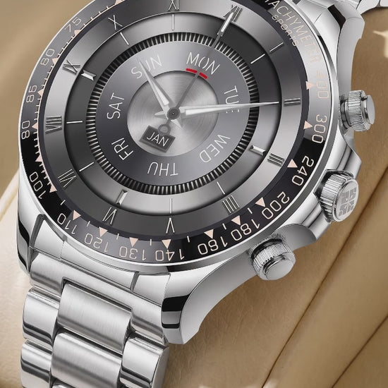 Premium Bluetooth smart watch with calling function and elegant metal design.