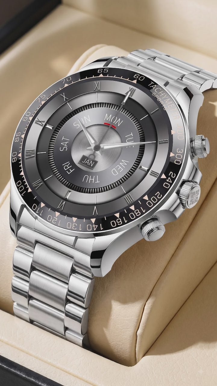 Premium Bluetooth smart watch with calling function and elegant metal design.