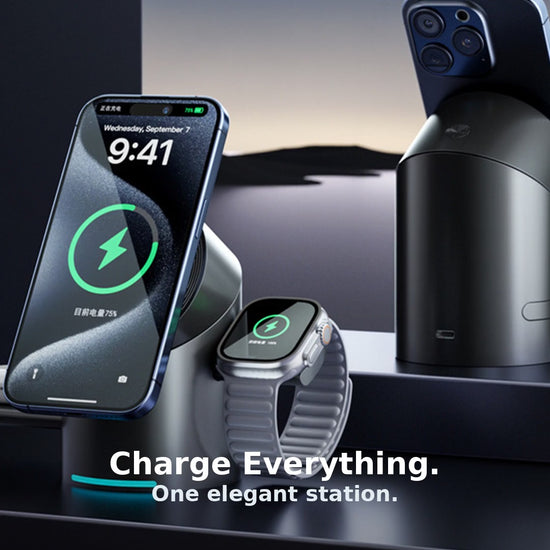 Premium magnetic 3-in-1 wireless charging station charging an iPhone, Apple Watch and wireless earbuds on a modern desktop.