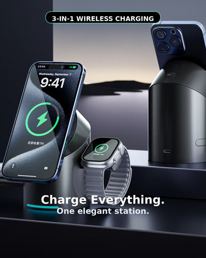 Premium magnetic 3-in-1 wireless charging station charging an iPhone, Apple Watch and wireless earbuds on a modern desktop.