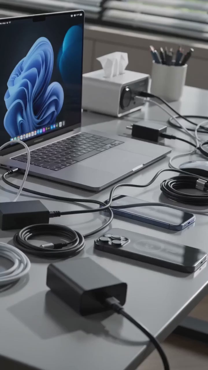 Premium magnetic 3-in-1 wireless charging station charging an iPhone, Apple Watch and wireless earbuds on a modern desktop.