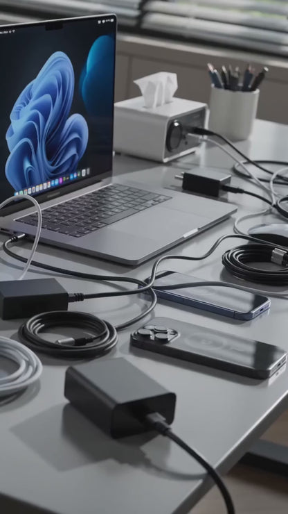 Premium magnetic 3-in-1 wireless charging station charging an iPhone, Apple Watch and wireless earbuds on a modern desktop.