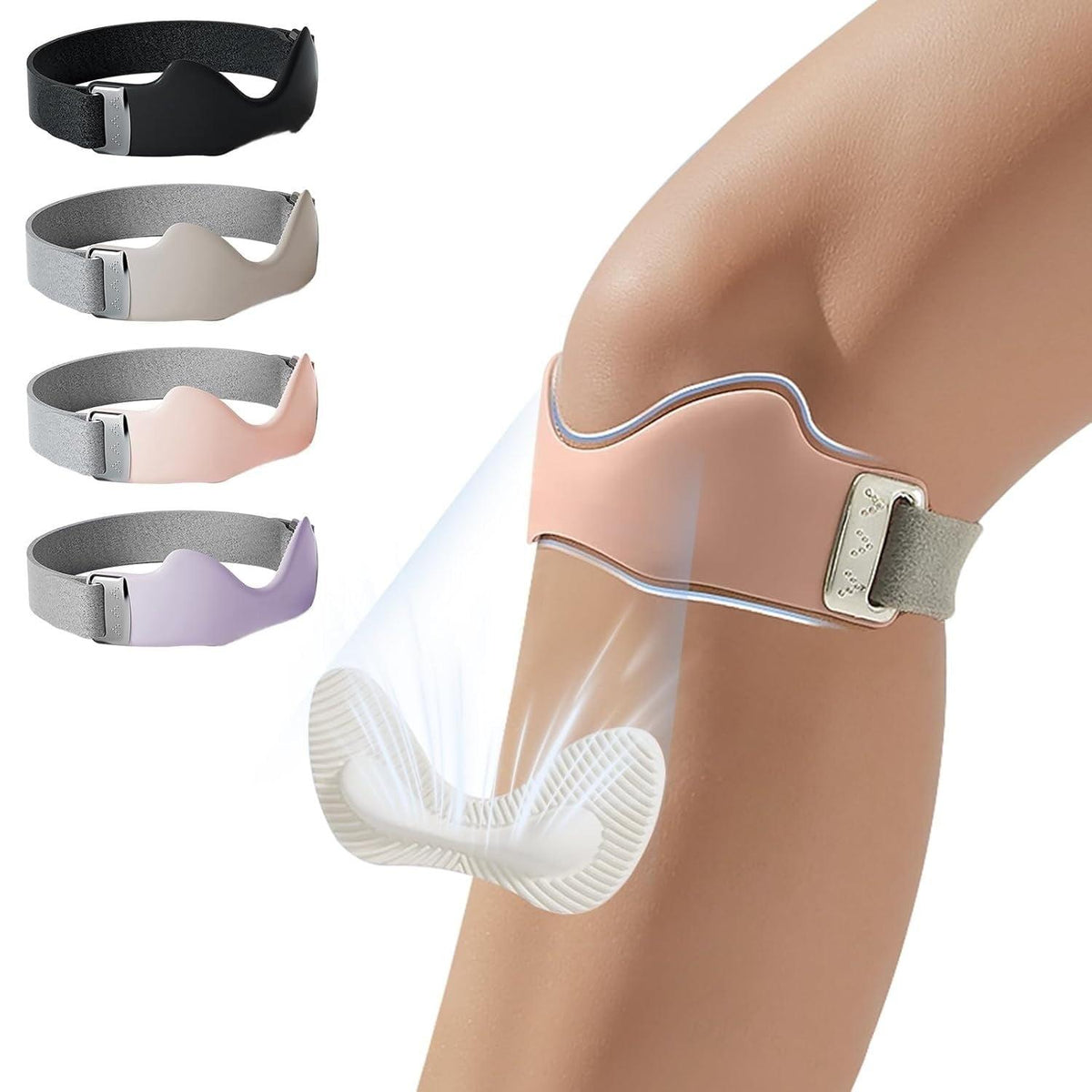 Precision patellar strap knee support worn on bent knee